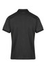 A black men's polo shirt with short sleeves, featuring a simple design and a collar. It has a logo on it.