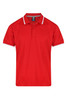 A red polo shirt with a contrasting collar and sleeve details, featuring a logo.