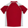 A polo shirt in maroon with white accents, featuring a collar and short sleeves, presented in a back view.