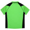 A bright green polo shirt with black accents and a logo on the back.