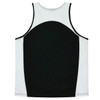 A back view of a black and white singlet featuring a rounded design and contrast stitching. It includes a logo.