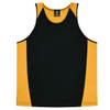 A black and gold singlet featuring contrasting side panels and a simple design, with a logo on the label.