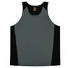 A grey and black singlet featuring a logo, made for children.