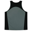 A grey and black singlet featuring a back design and a logo on the fabric.