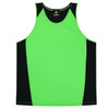 A bright green and black singlet featuring a logo. Suitable for active wear and casual outings.