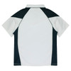 A polo shirt featuring a combination of white, black, and grey, with short sleeves and a collar. It includes a logo.