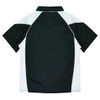 A polo shirt featuring a black body with white accents, including a classic collar and short sleeves.