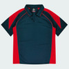 A polo shirt featuring navy and red colours with a logo on the collar area.