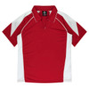 A red polo shirt with white accents and a collar, featuring a logo on the chest area.