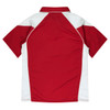 A polo shirt featuring a maroon body with white sleeves and a collar, designed for women. It has a logo.