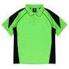 A green and black polo shirt featuring a collar and short sleeves, with a logo on the label.