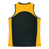 A yellow and dark green singlet with contrasting panels and a logo on the back.