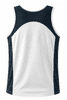 A sleeveless sports singlet in white and navy blue, featuring a brand logo.