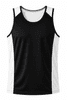 A black singlet with white side panels, featuring a logo on the front. Suitable for sports and casual wear.