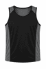 A black singlet with grey sides and a mesh design. It features a logo on the front.