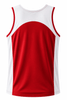 A red and white men's singlet with a round design on the back and a logo on the front.