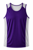 A purple singlet with white side panels, featuring a logo on the front. Made of lightweight fabric for comfort.