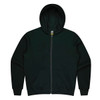 A green zip-up hoodie with a hood and front pockets, featuring a logo.