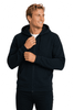 A navy zip hoodie for men, featuring a frontal zipper and a hood, modelled by a smiling male model.