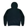 A dark green hoodie featuring a hood and long sleeves, with a plain back design. It has a logo.
