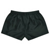 Dark green rugby shorts with an elastic waistband and a smooth, shiny fabric. Features a logo on the side.