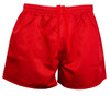 Red rugby men's shorts featuring an elastic waistband and drawstring, with a simple design and a logo.