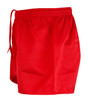 Red rugby men's shorts with an elastic waistband and drawstring, featuring a logo. Ideal for sports activities.