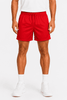 Red rugby men's shorts featuring an elastic waistband and a logo. Suitable for sports activities.
