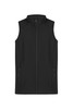A black kids' vest with a zip front and two side pockets, featuring a logo on the front.