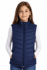 A navy blue padded vest for children, featuring a zip front and side pockets, worn by a girl.