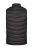 A black puffer vest with a high collar and quilted design, featuring a branding logo.