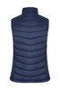 A navy puffer vest with a high collar and quilted design, featuring a branding logo.