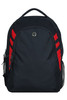 A black backpack with red accents and mesh side pockets, featuring a logo on the front.