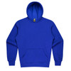 A blue kids' hoodie featuring a kangaroo pocket and a hood. The hoodie has a logo on the label.