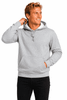 A grey men's hoodie featuring a front pocket and a drawstring hood, worn by a smiling man.