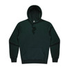 A dark green men's hoodie with a pointed hood and a front kangaroo pocket, featuring a logo.