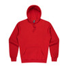 A red hoodie with a front pocket and a snug hood, featuring a logo.