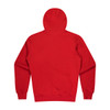 A red hoodie featuring a back view with a hood and long sleeves. It has a logo on the back.
