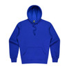 A vibrant blue men's hoodie featuring a front pocket and a drawstring hood. It has a branding label.