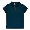 A dark navy polo shirt with a short collar and red trim, featuring a branding logo.