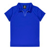 A blue polo shirt featuring a collar and a logo on the label, designed for women's wear.