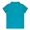 A turquoise polo shirt with a collar and short sleeves, featuring a logo on the front.