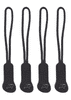 A set of four black zip puller accessories with a textured design and a logo on each.