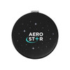 A round, black compact with a starry design and a logo in the centre.
