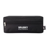 A black pencil case with a zip closure and a logo on the front. Contains a simple rectangular shape.