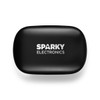 A black case with a logo for Sparky Electronics, featuring a sleek, rounded shape.