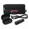 A black tech pouch contains wireless earbuds, a charging case, and a USB cable, featuring a logo.