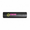 A black portable charger featuring a logo and indicator light. Compact design for charging devices on the go.