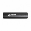 A black portable charger with a logo and a power indicator light. The design is sleek and rectangular.