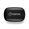 A black portable charging case with a logo and a smooth, rounded design.